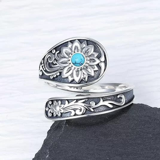 New Accessories European And American Bohemian Retro Sunflower Turquoise Lady's Flower Adjustable Ring