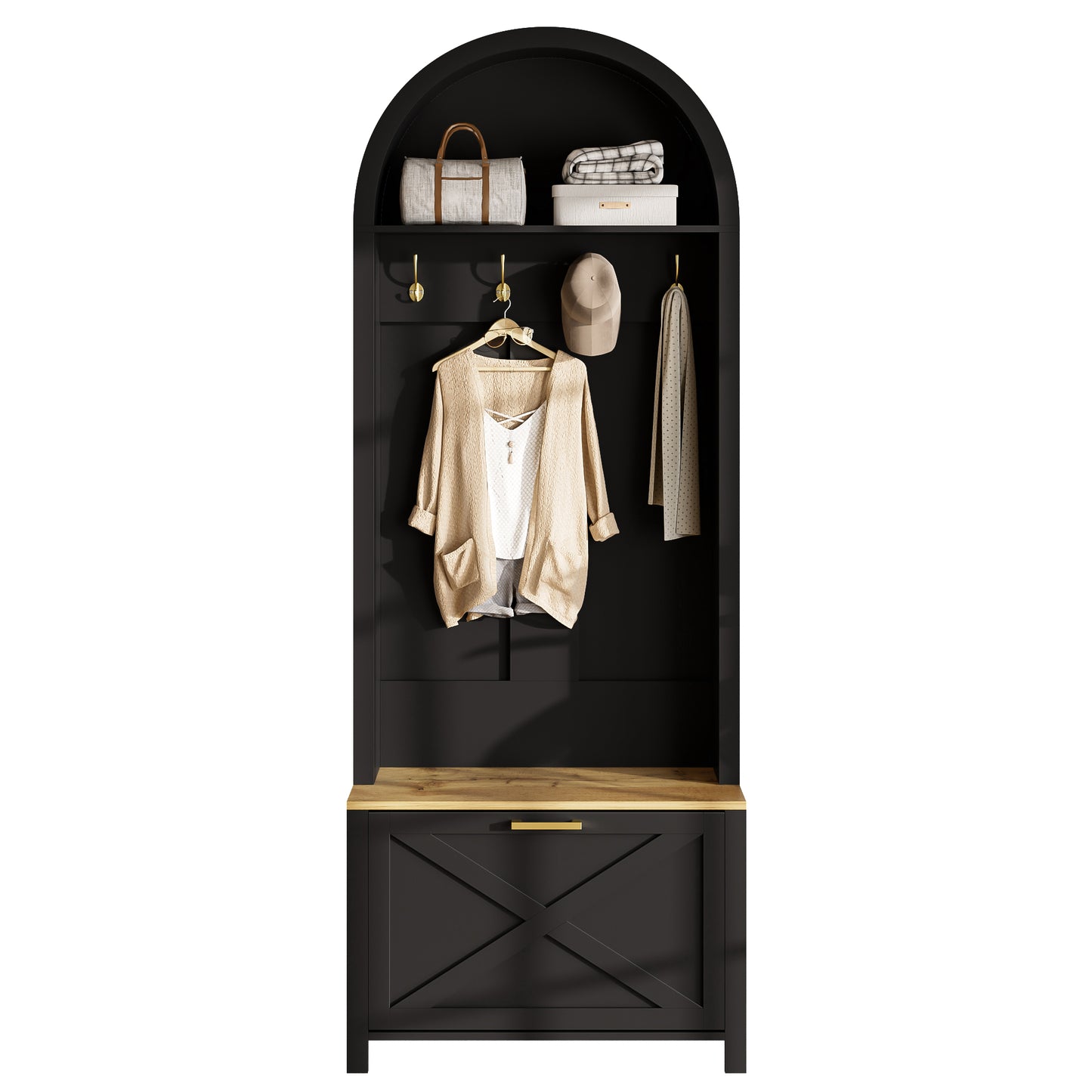 Multifunctional Wardrobe Cabinet With Shoe Rack, Shelf & Hook  Hall Tree For Entrance Area, Durable MDF Body, Modern Design, Sturdy Iron Feet, Practical Storage