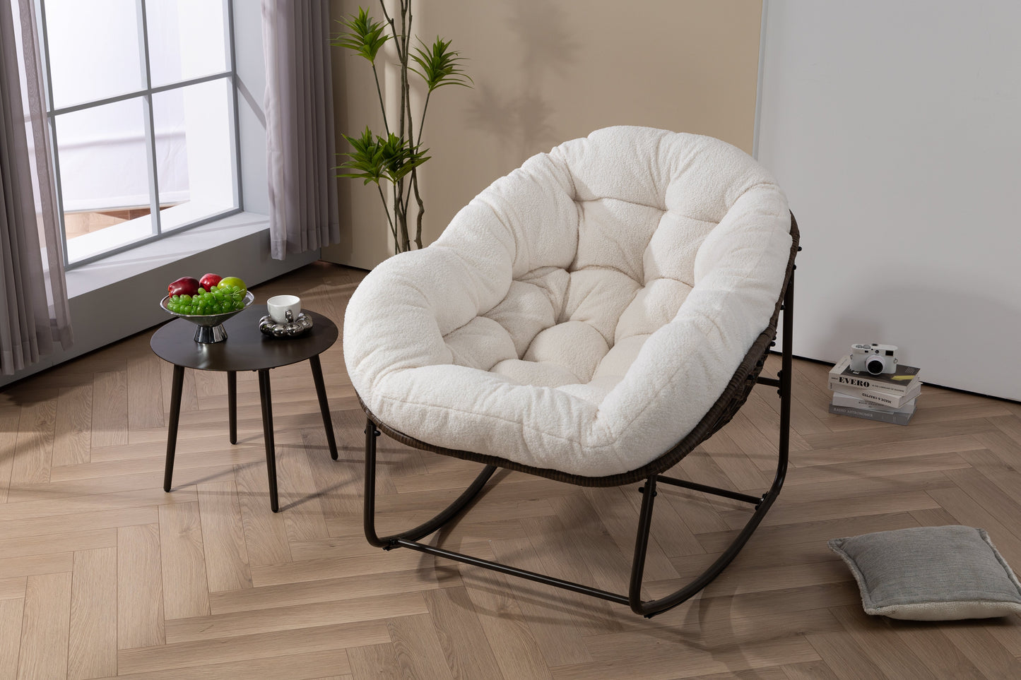 Outdoor Rattan Rocking Chair,Padded Cushion Rocker Recliner Chair Outdoor For Front Porch, Living Room, Patio, Garden, White