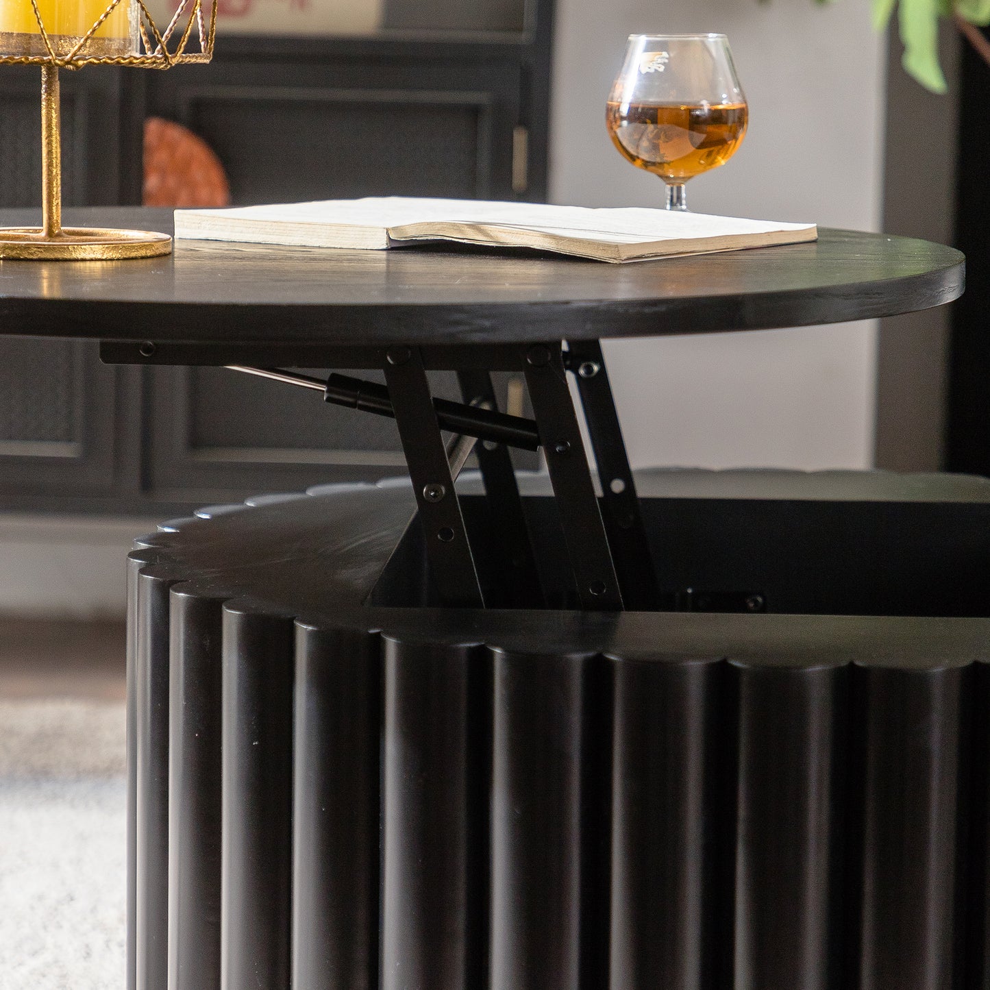 Round Coffee Table With Lift Handcrafted Relief Sturdy Pedestal Wooden Tea Table For Living Room No Need To Assemble