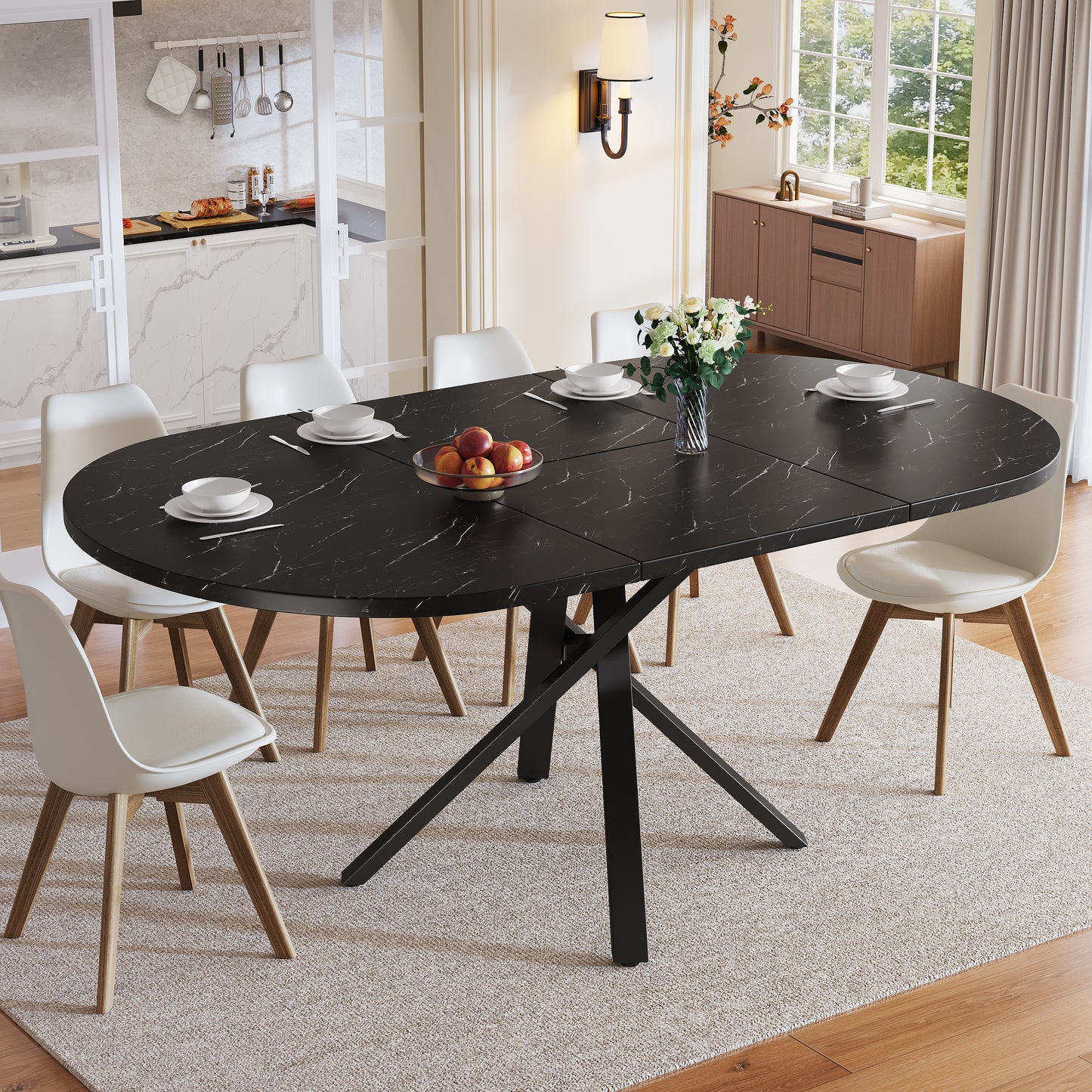 Round Extendable Table With Marble Look - 100 Cm  Extendable To 140 Cm  X 75.5 Cm High - With Sturdy X-shaped Metal Frame In Black - Ideal As A Kitchen Table Or Breakfast Table