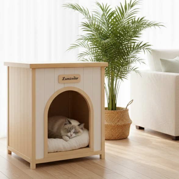 Modern Indoor Wooden Dog House with Removable Cushion – Solid Cedar Pet House for Small Dogs & Cats, Furniture-Grade Scandinavian Design