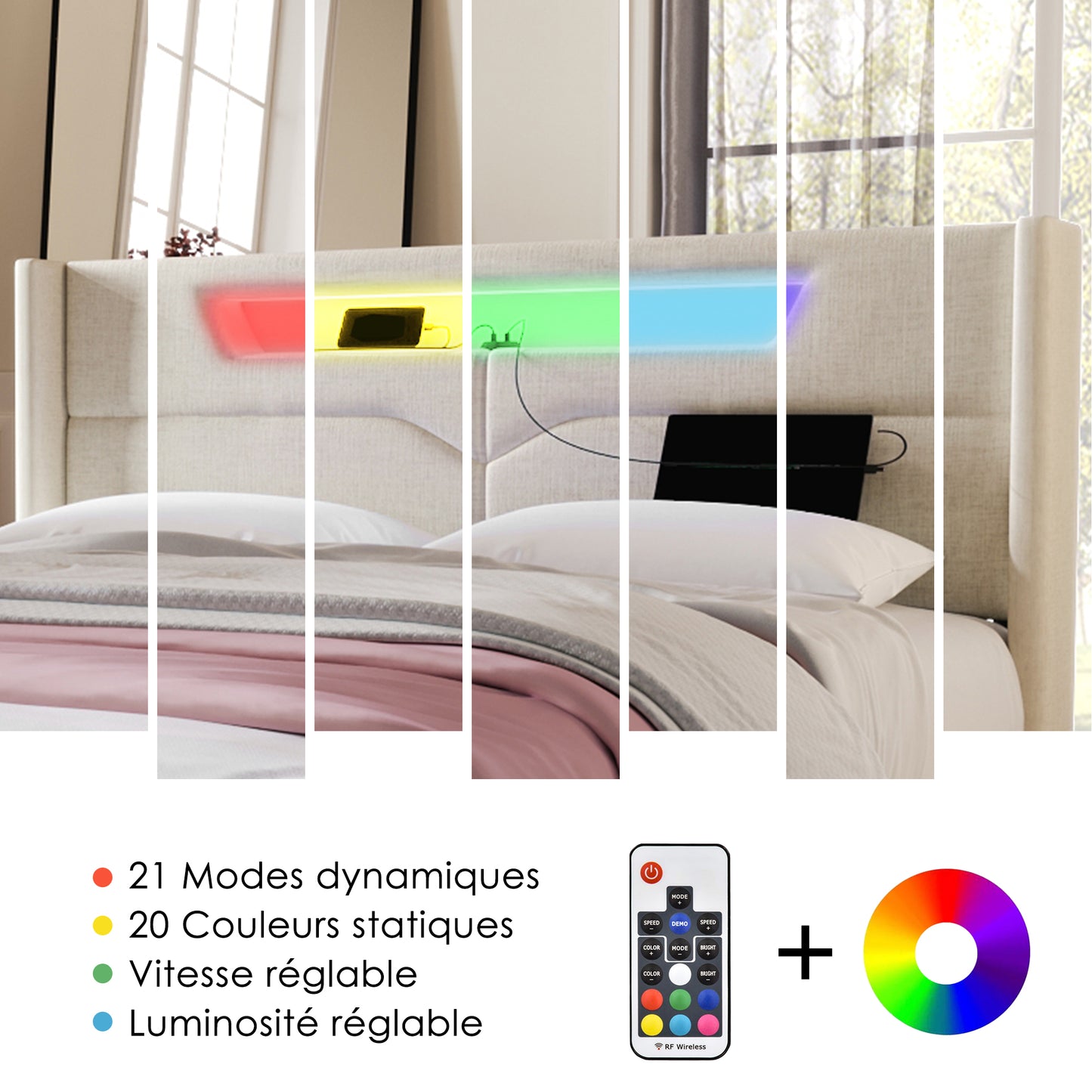 Polsterbett LED Double Bed With USB Type C Charging Function And LED Lighting, Storage Bed Frame Made Of Linen Material Youth Bed 140X200 With Ladder Rust Without Mattress