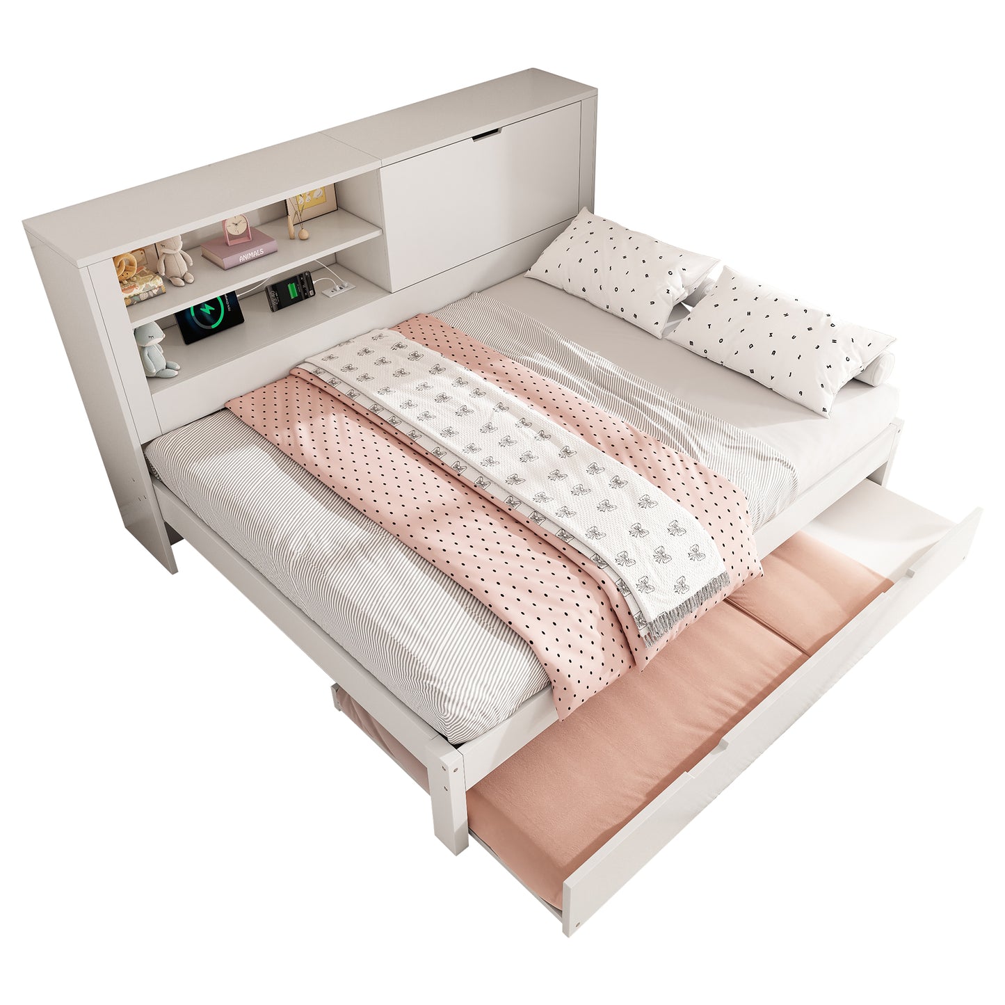 Sofa Bed Double Bed 140x190 Cm With Pull-out Bed 90x190, White Bed Frame With Storage Back Panel, Open Compartment, Concealed Folding Storage Space, USB-USB-C Charging Station, Slatted Base, Without M