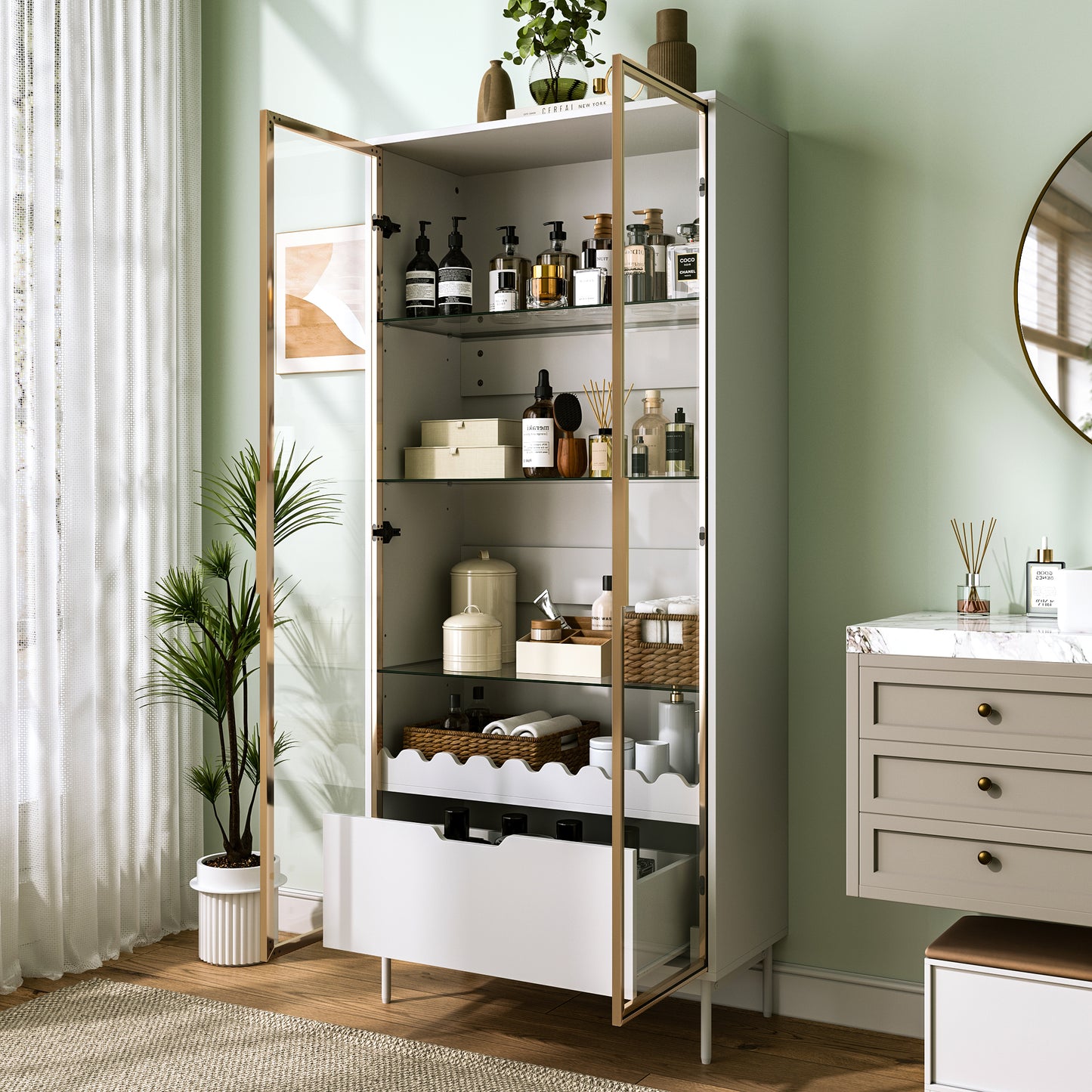 Tall Cabinet With Glass Door, Height-adjustable Glass Shelves, With Drawer, Wave Decor, Metal Feet  Suitable For Living Room, Bedroom And Hallway