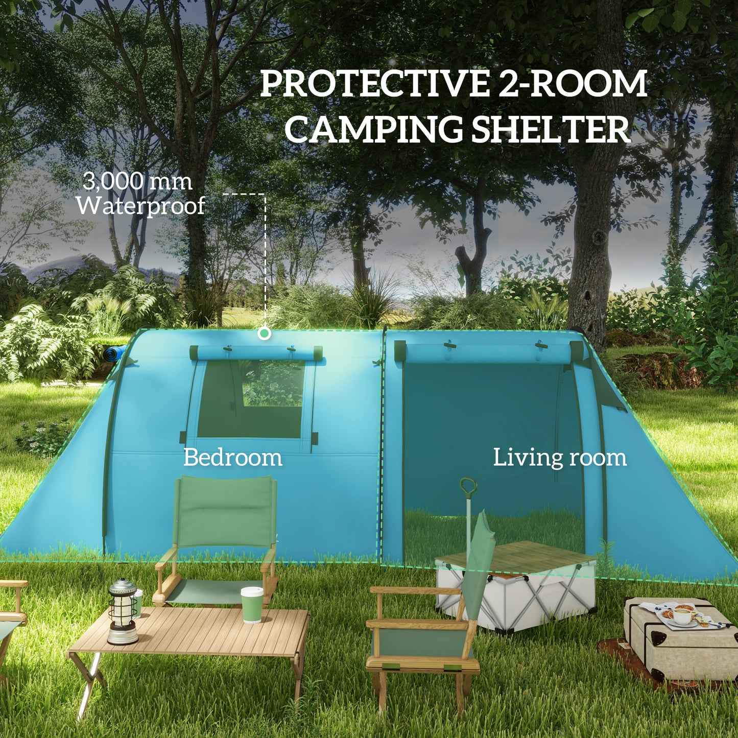 Four Man Duo Room Tunnel Tent, With Accessories - Sky Blue