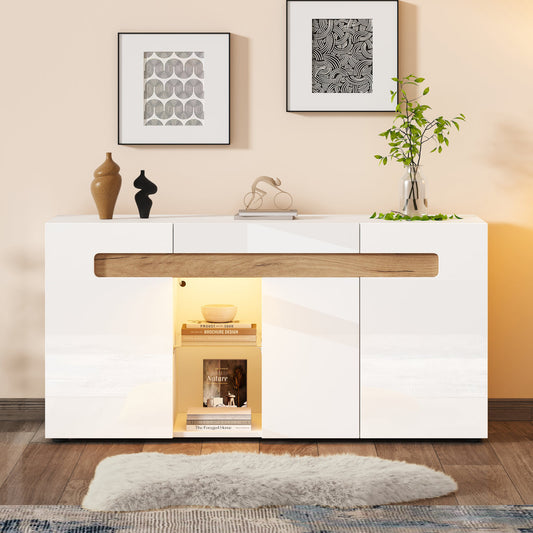 Modern 3-door Sideboard, LED Lighting Control, Living Room Cabinet With App Control, 140x40x70 Cm High-gloss Home Furniture, White With Glass Shelf, Storage Cabinet