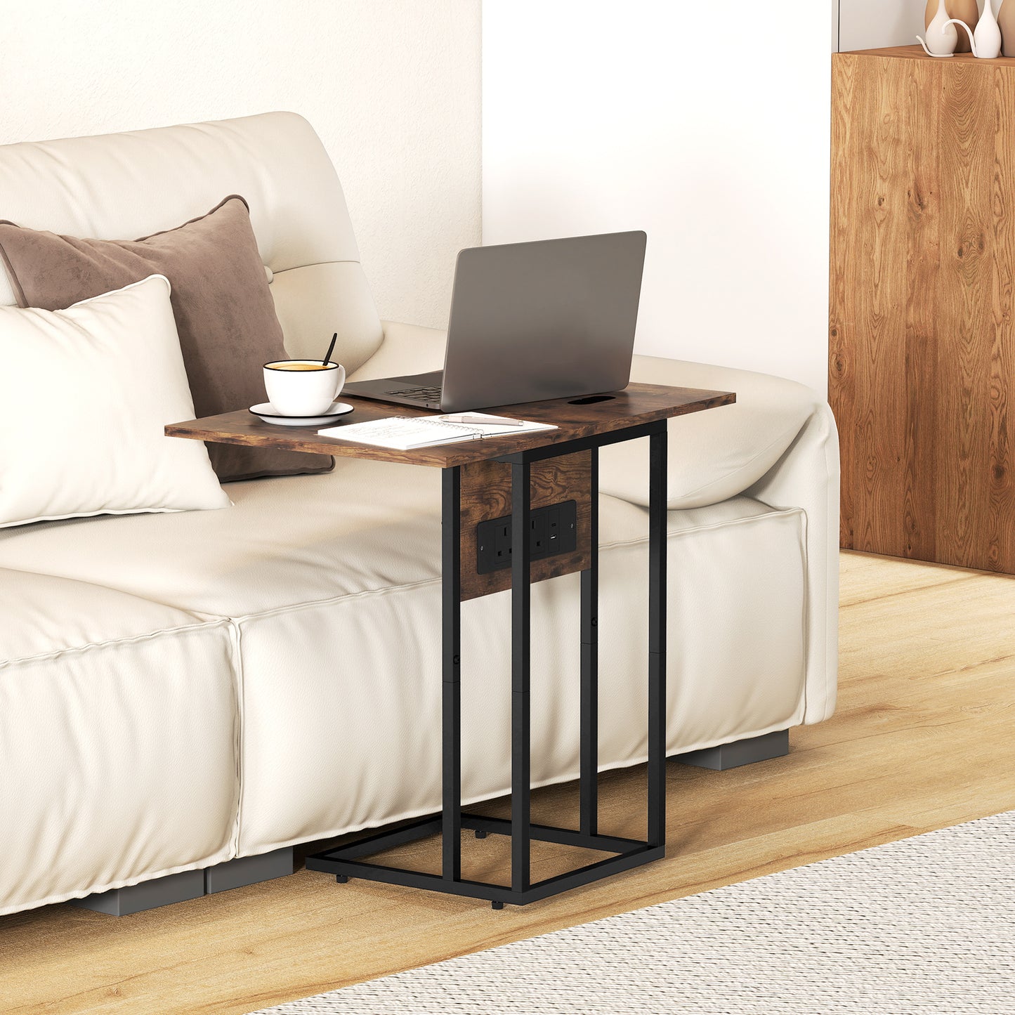 C Shaped Side Table With Charging Station And Foldable Top - Rustic Brown