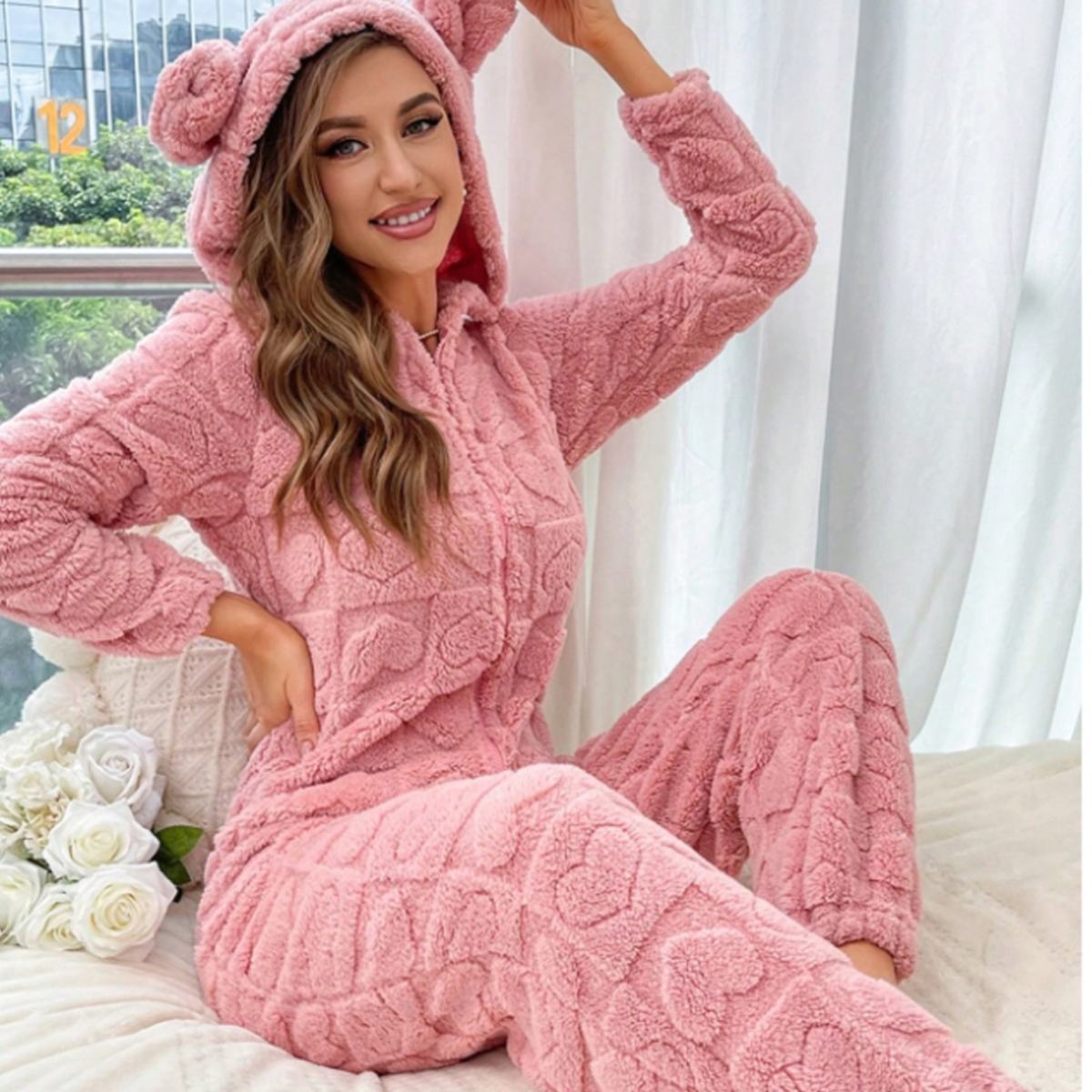Plush Onesie Pajamas With Hood Trendy Bodysuit For Home Wear
