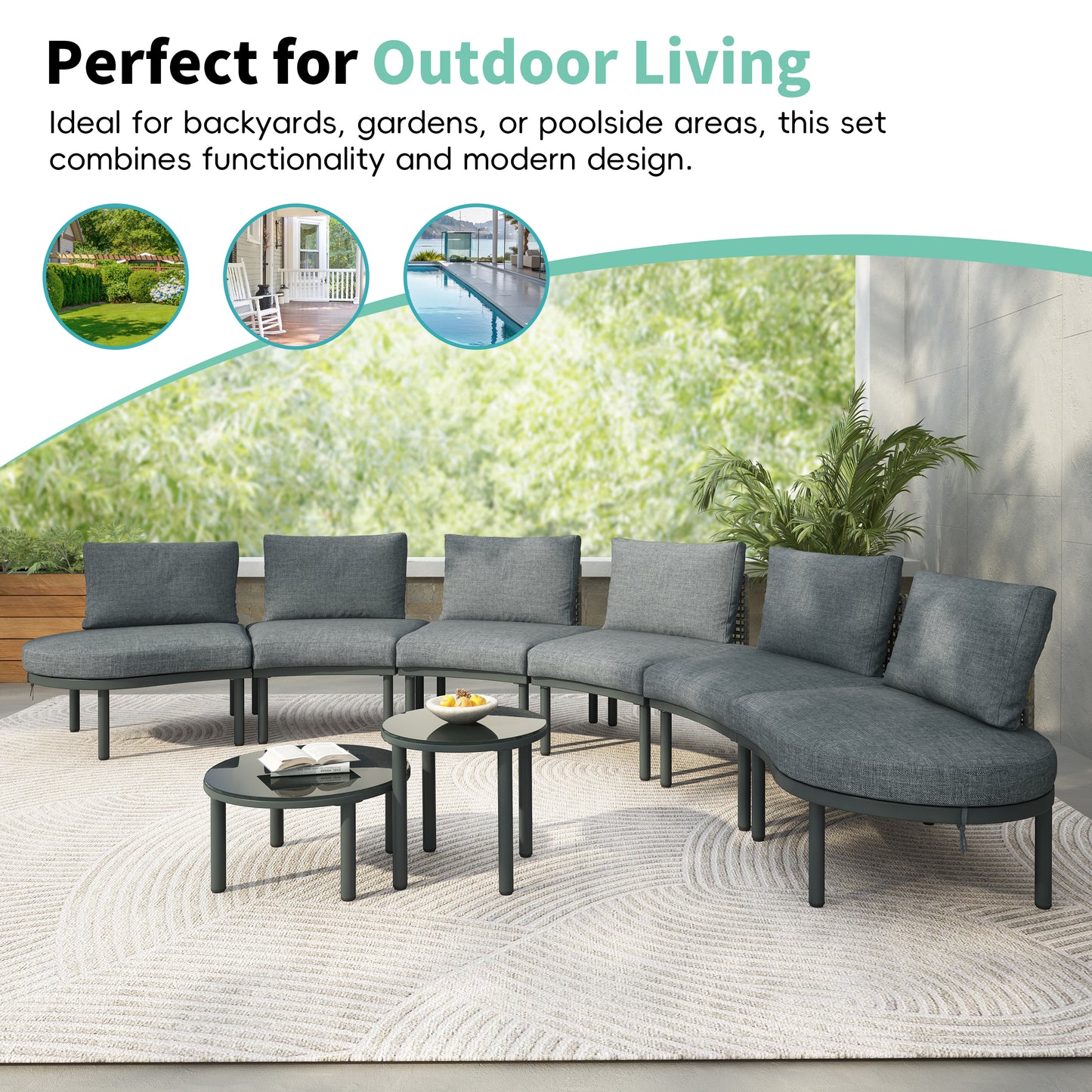 TOPMAX 8-Piece Patio Sofa Furniture Set, Half Moon Outdoor Sectional Sofa With 2 High-Low Coffee Tables, PE Wicker Rattan, Tempered Glass, 6 Pillows & Cushions, For Backyard, Garden, Poolside,Gray
