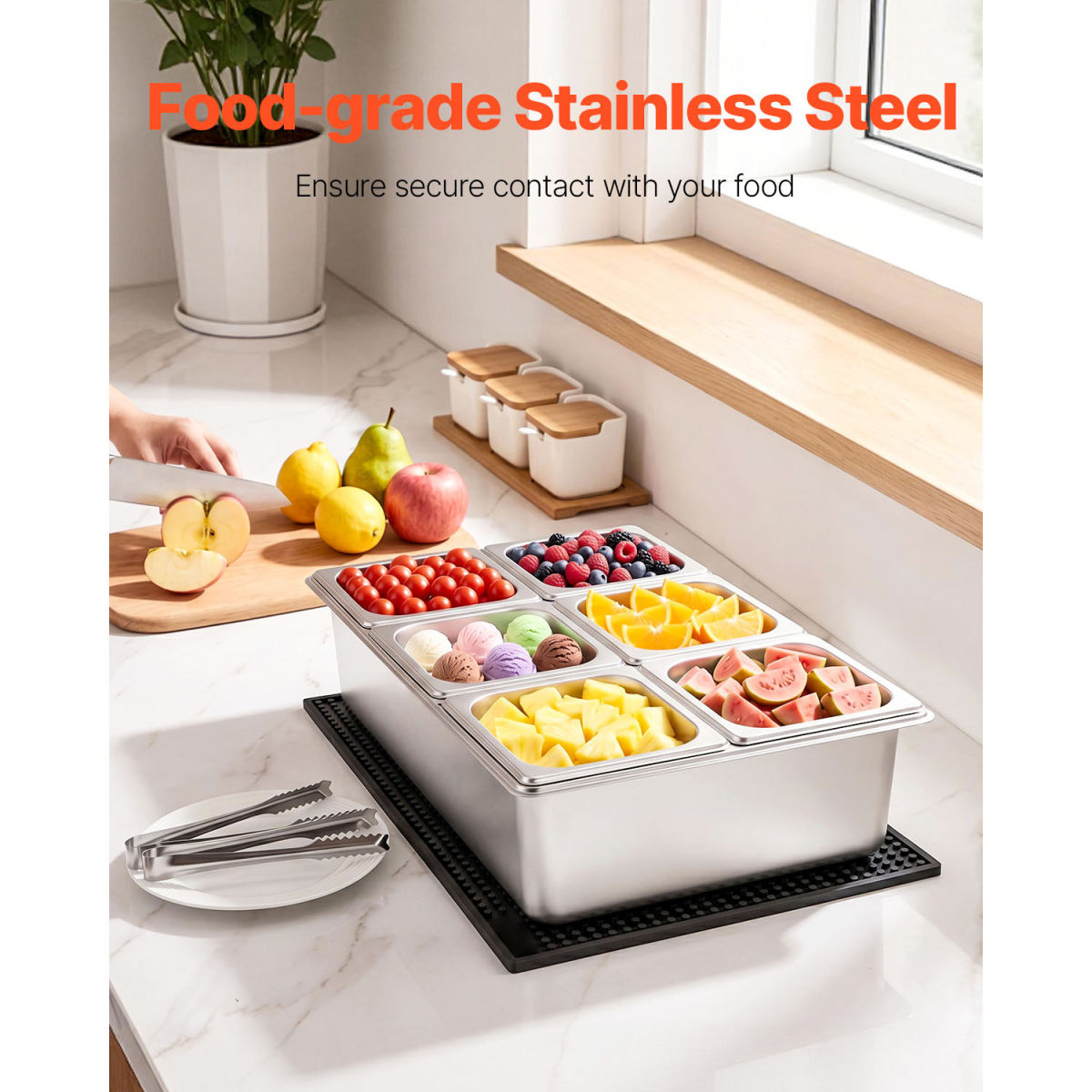 Countertop Food Serving Display Container, Stainless Steel Food Salad Server Tray, Buffet Condiment Dispenser, Ice Cooled Rack With Separate Lid, For Restaurant, Hotel, Party (6x1/6 Pan)