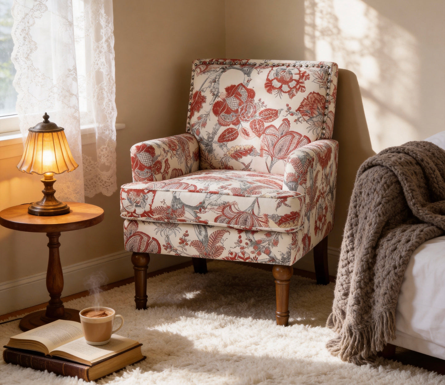 Accent Chair, Floral Armchair, Nailhead Trim, Red And White Decor, Solid Wood Legs, Farmhouse Furniture, Upholstered Slipper Chair, Side Chair, Traditional Print, Wayfair Living Room.