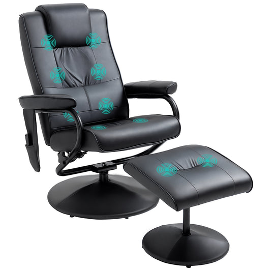Swivel Recliner Chair And Footstool, Faux Leather Massage Recliner Armchair With Remote Control And Round Wrapped Base, Black