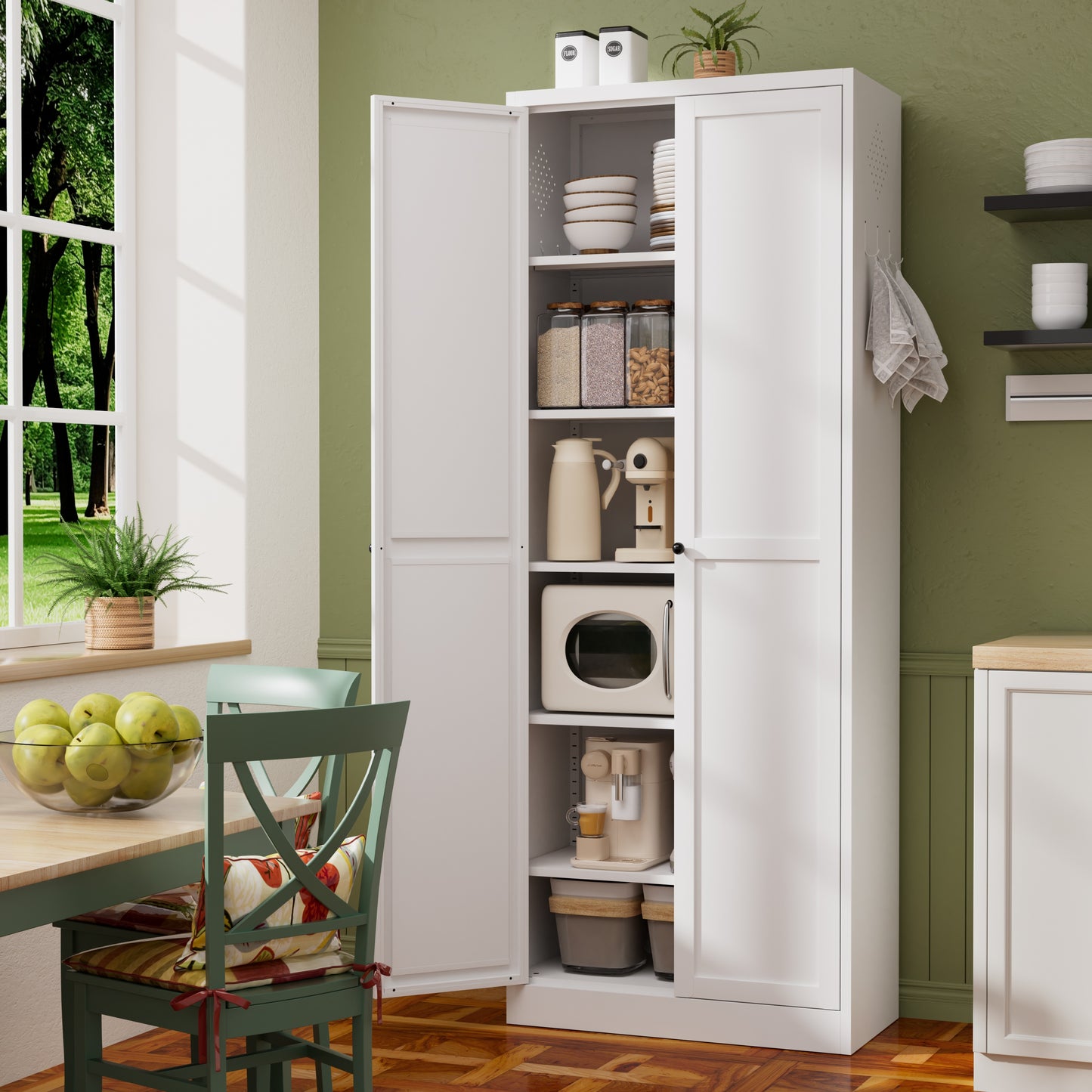 72  White Metal Kitchen Pantry Cabinet With Doors, Heavy-Duty Freestanding Storage Organizer With 5 Adjustable Shelves, Tool-Free Assembly For Pantry, Kitchen, Bathroom
