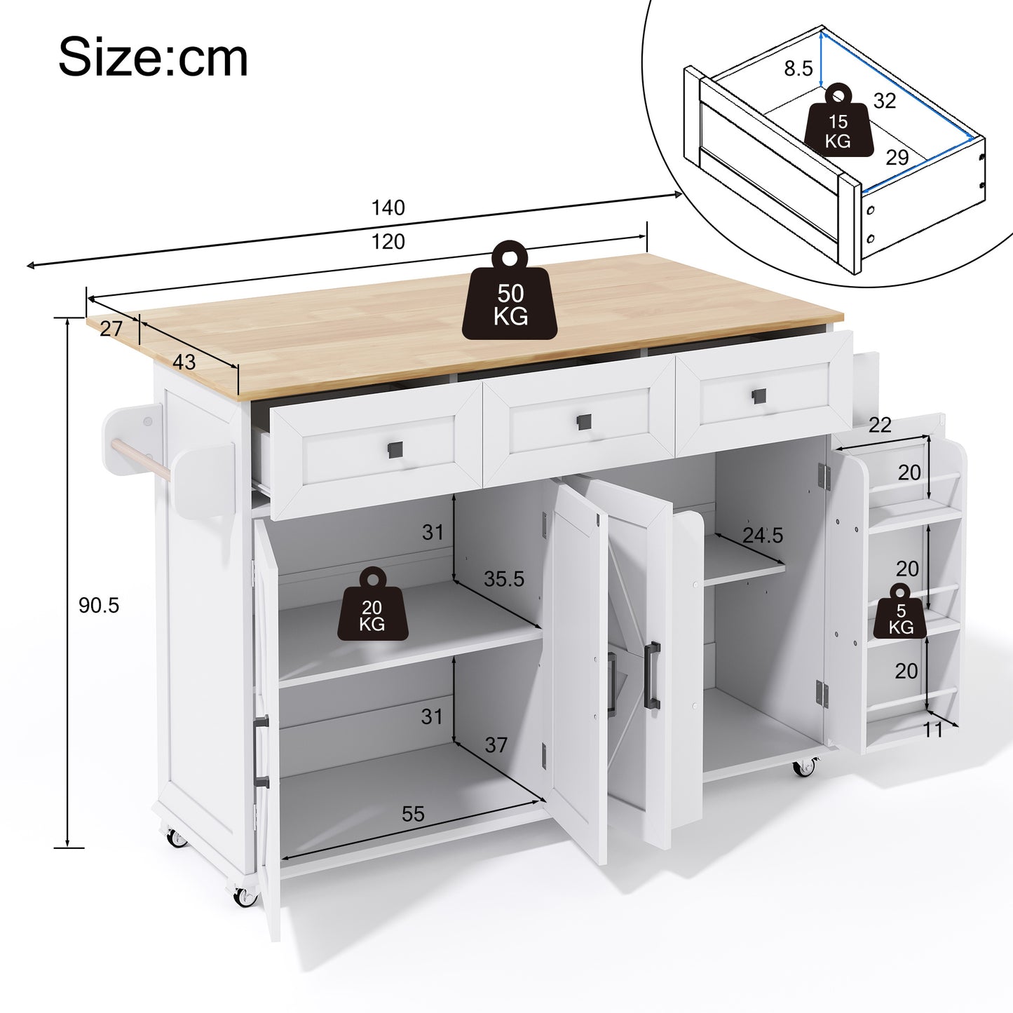 Kitchen Island With Folding Worktop, Equipped With 5 Lockable Castors, 4 Doors, 3 Drawers, Door Shelf, Double-sided Towel Rails, Barn Style Design, White, 140x43 X90.5 Cm.