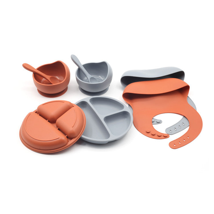 Four-piece Feeding Tableware Baby's Silicone Bib Food Grade Children's Suit Including Pinny Solid Food Bowl