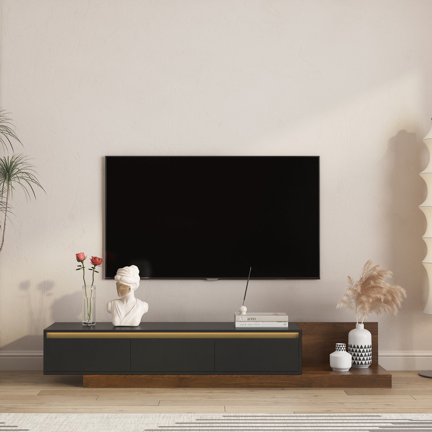 Modern TV Stand With LED Lights , Entertainment Center Wooden TV Stand, TV Stand Desk Media Cabinet With Storage For Living Room Bedroom
