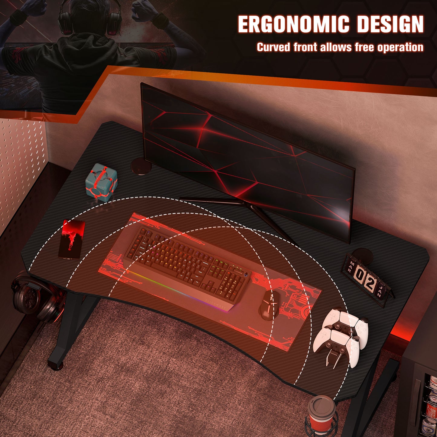 Gaming Desk 120 X 65 Cm Steel Frame With Cup Holder, Headphone Hook, Adjustable Feet And Cable Organiser, Home Office Computer Table, Black