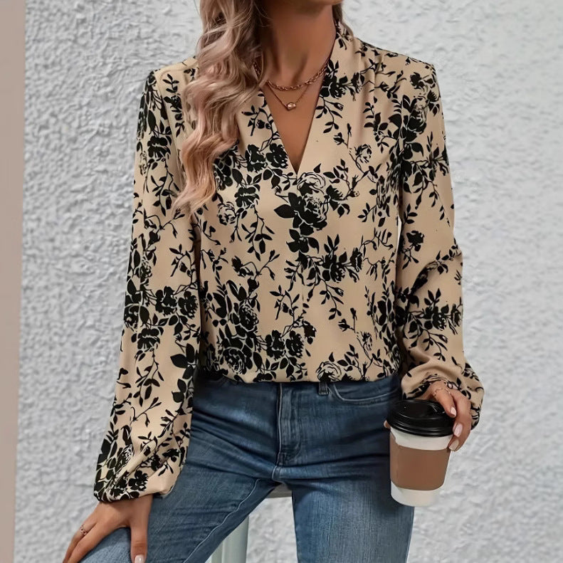 Womens Fashion Floral Print V-Neck Shirt