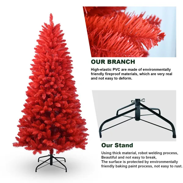 Artificial 7ft Red Christmas Tree With 1066 PVC Branch Tips, Hinged Premium & Foldable Base For Indoor Holiday Decorating