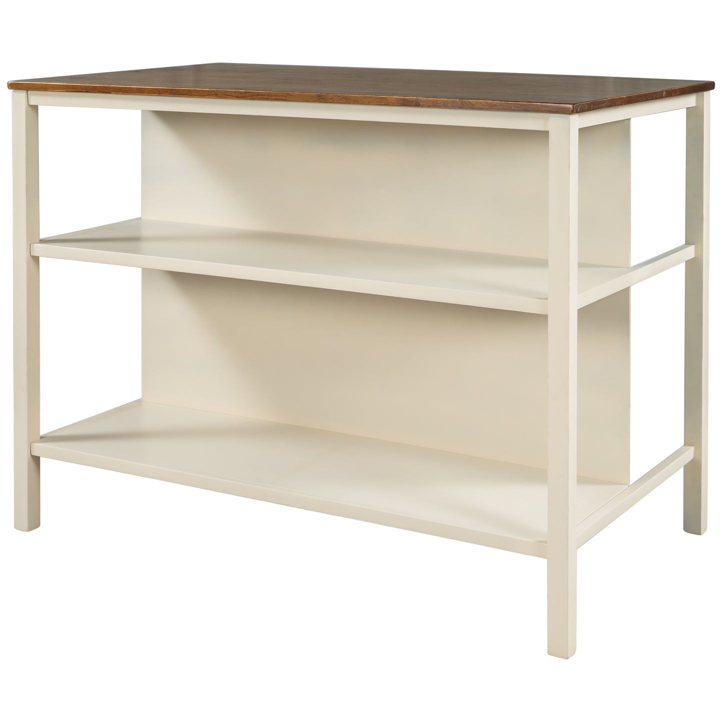 TOPMAx Solid Wood Rustic 45  Stationary Kitchen Island  Rubber Wood Butcher Block Dining Table Prep Table With 2 Open Shelves For Small Places Walnut Cream White