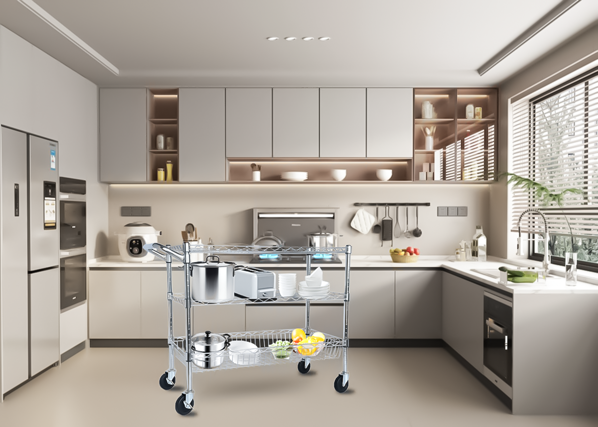 Heavy Duty Rolling Utility Cart,3 Tier Rolling Carts With Wheels,with Handle Bar & Shelf Liners,36inchx18inchx32inchStorage Cart For Kitchen,Restaurant,Plant Display,Chrome