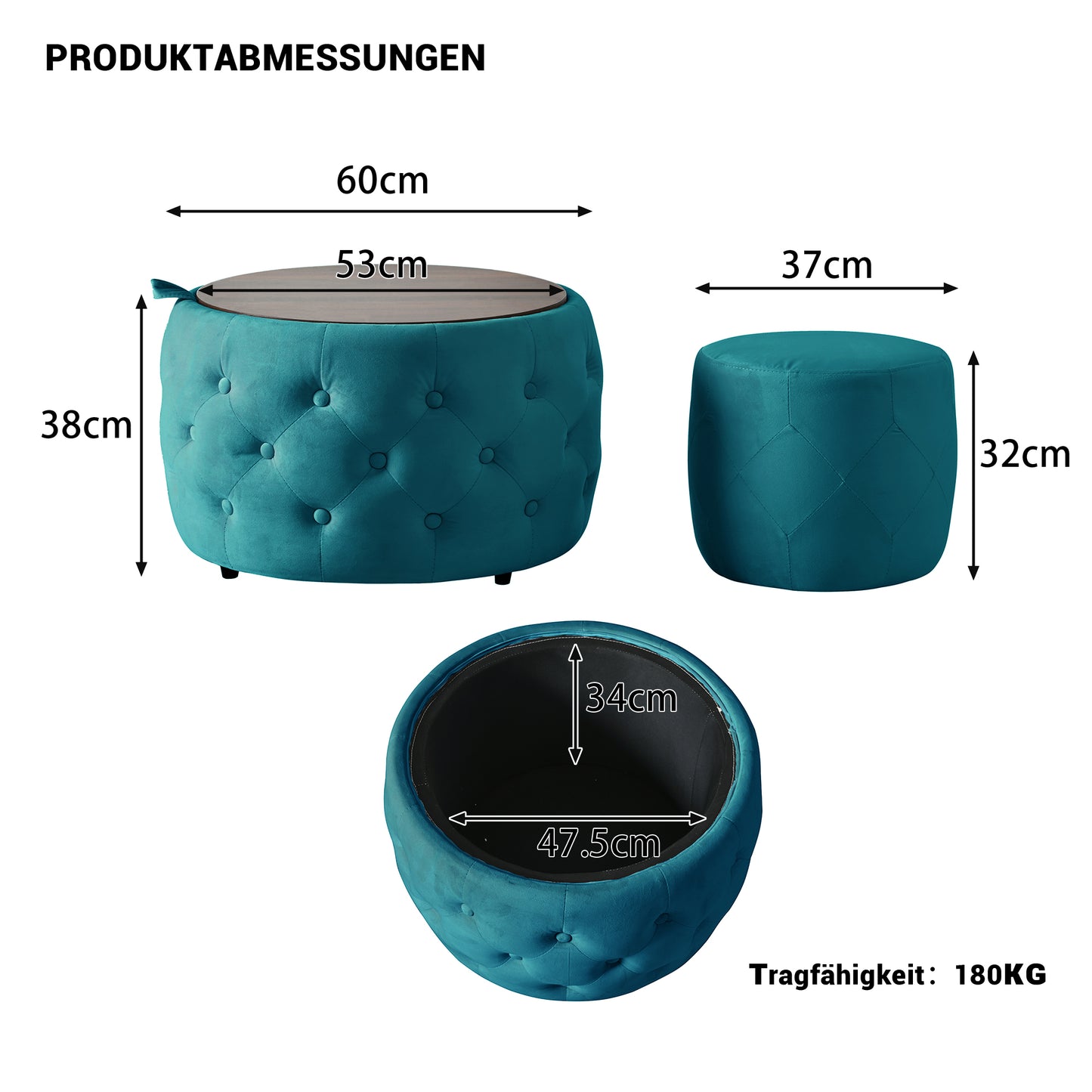 Luxury Set Of 2 Velvet Nesting Stools, 4-in-1 Function, Round Storage Footstool With Wooden Shelf, No Setup Required, Blue  58cm X 58cm X 38cm