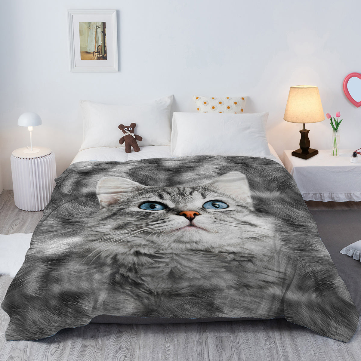 Gray Cat Flannel Blanket Grey Pet Animal Fleece Blanket Soft Warm For Bed Sofa Cat Animal Gifts For Teen Boys All Season