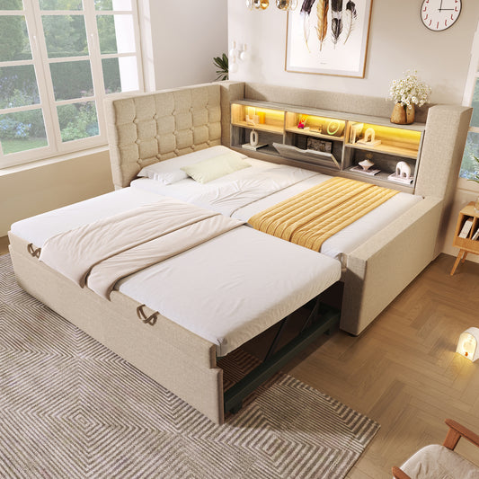 Daybed Upholstered Bed 90 X 190 Cm, 3FT Single Sofa Bed With Storage, USB &Type C Charging Station, Pull Out Trundle For Living Room And Bedroom, Linen, Beige  No Mattress