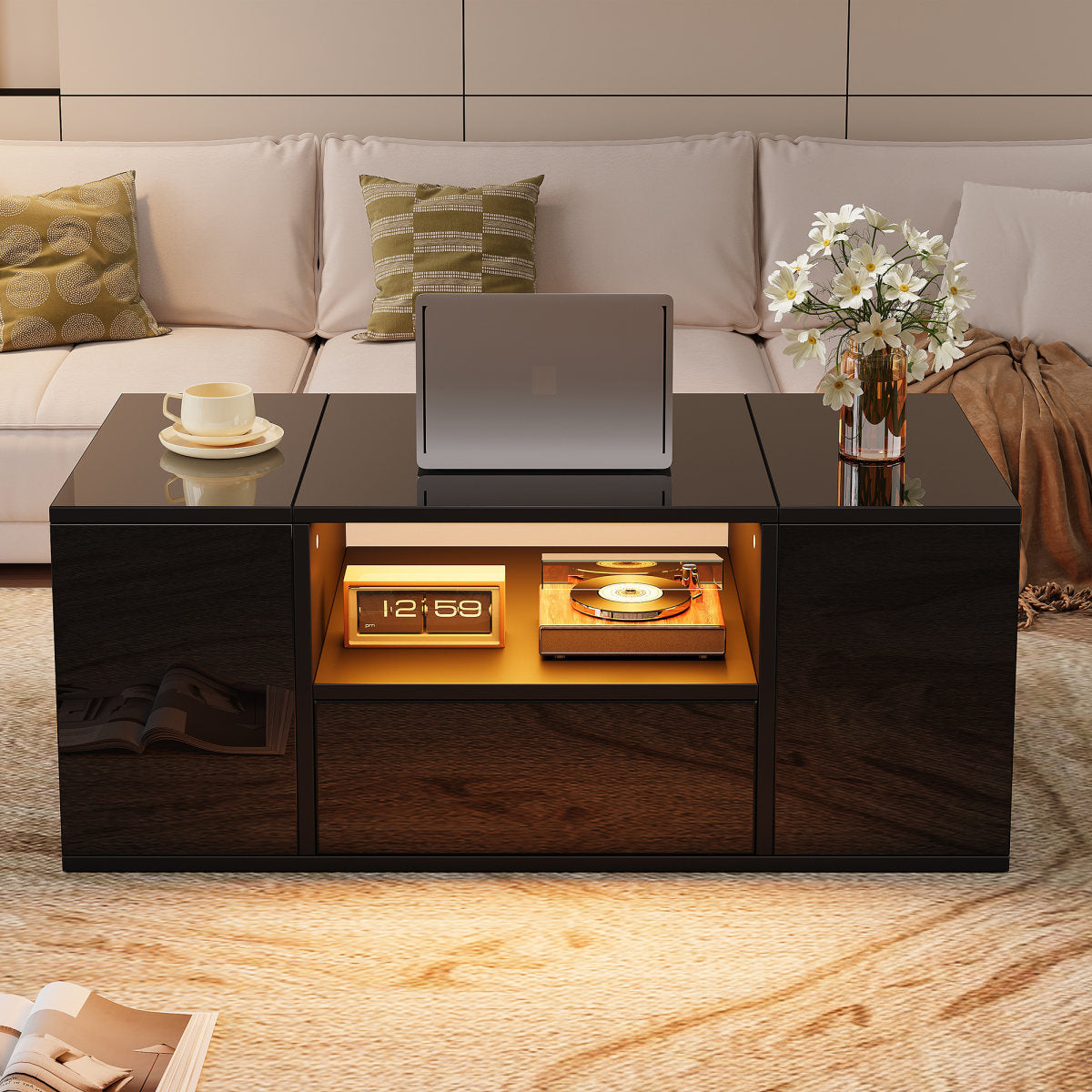 Coffee Table  100 X 50 X 40 Cm , Side Table With One Drawer, A Coffee Table With Two Cabinets, A High-gloss Living Room Table With LED Light Strips, Coffee Table With 6 Storage Compartments, Black