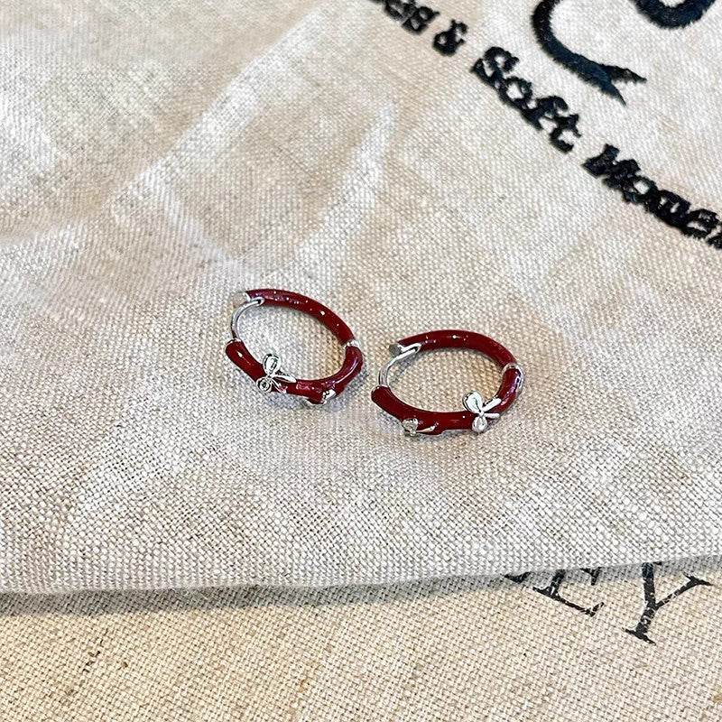 1 Pair 999 Sterling Silver Wine Red Enamel Butterfly Hoop Earrings, Retro & Elegant, Perfect For Daily, Dating & Festivals, Ideal Valentine's Gift