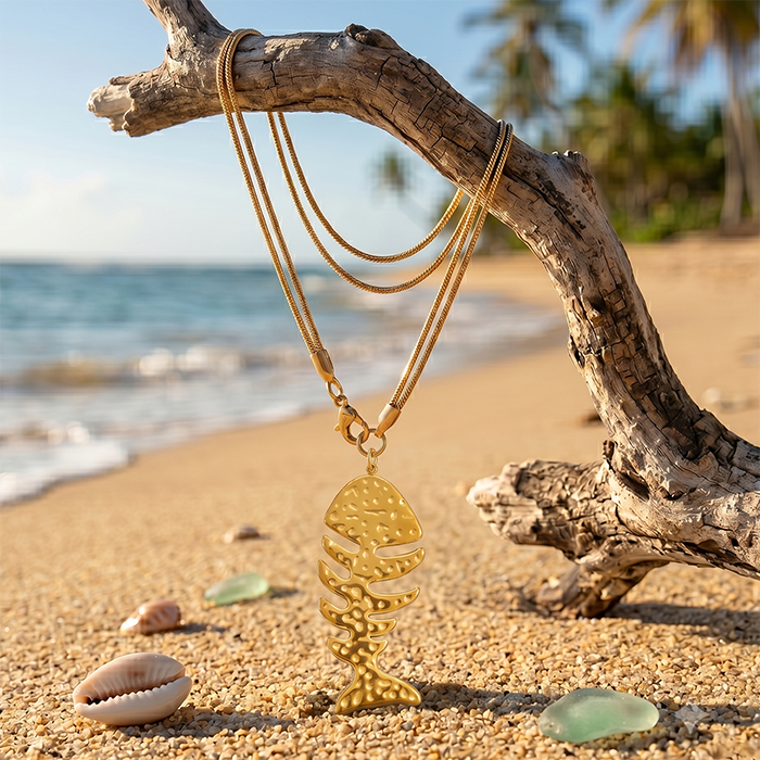 Hammered Fishbone Pendant Necklace For Women, 18K Gold Plated Stainless Steel Snake Chain Choker, Textured Fish Skeleton Summer Beach Jewelry Gift