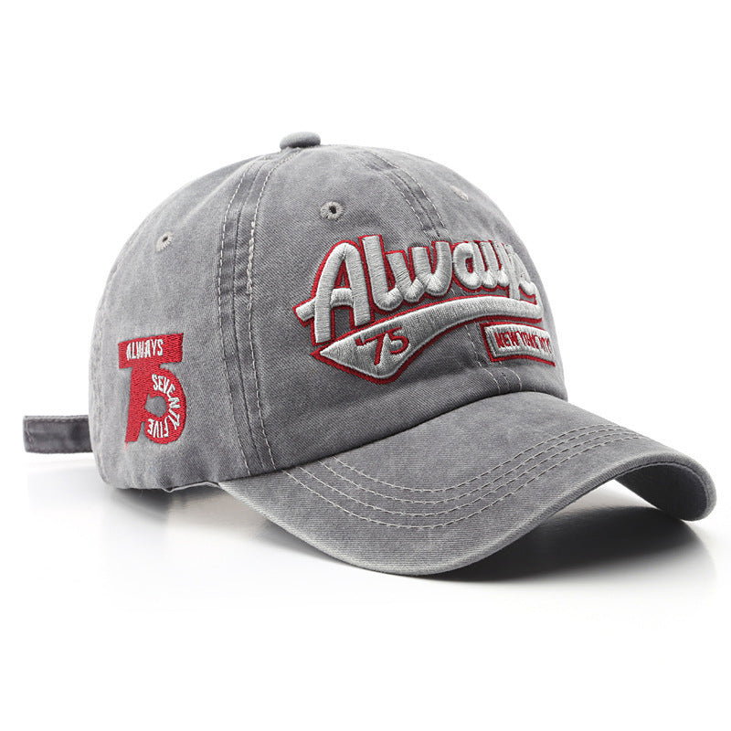 Monochrome Three-dimensional Letter Embroidery Washed-out Distressed Retro Street Style Peaked Cap. Suitable For Outdoor Travel And Shopping.