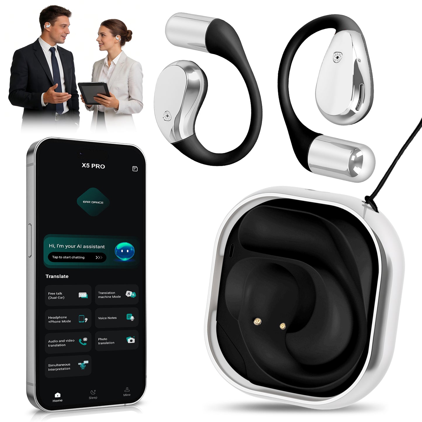 Open-Ear AI Translation Earbuds 165 Language Real Time AI Headphone Wireless 6.0 Translating Earbuds With 360 Degree Rotating Charging Case Lanyard For Travel Meetings Language Learning