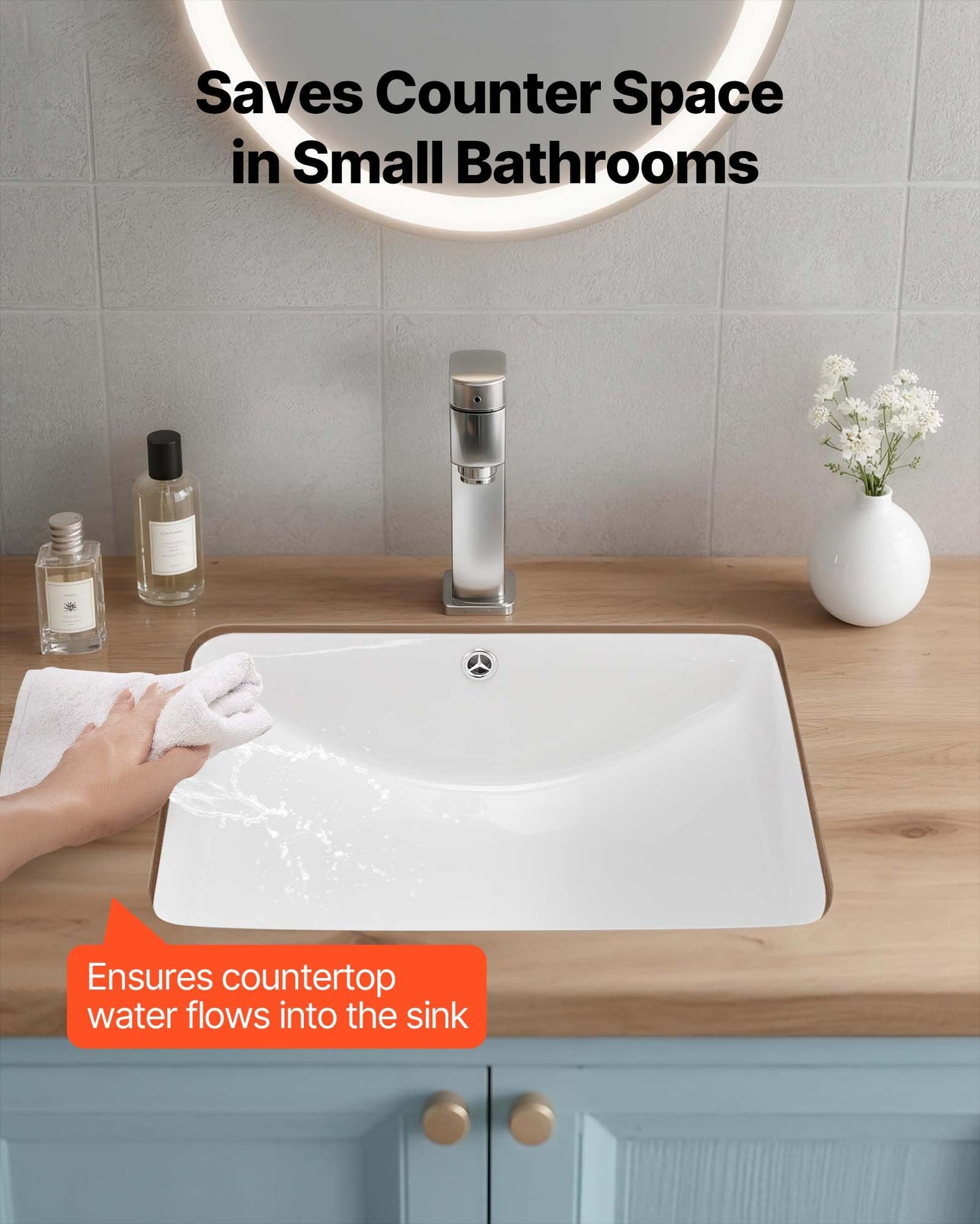 Undermount Bathroom Sink, 20.87 X 14.76 Inch Rectangular White Ceramic Vessel Sink With Overflow Hole, Under Counter Drop In Modern Lavatory Vanity Bath Wash Bowl Basin, Rectangle Small Space
