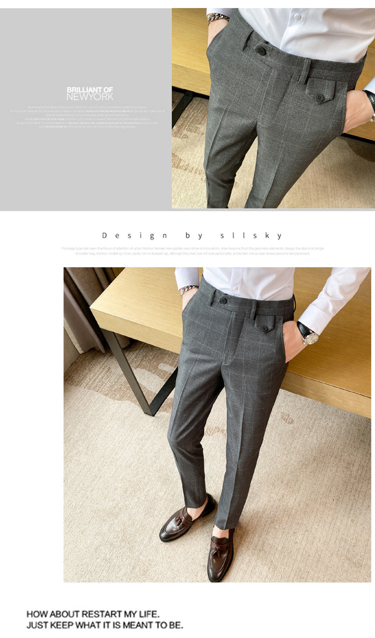 Korean Style British Classic Checkered Elegant Slim Fit Men's Best Man Pencil Pants Suit Pants
