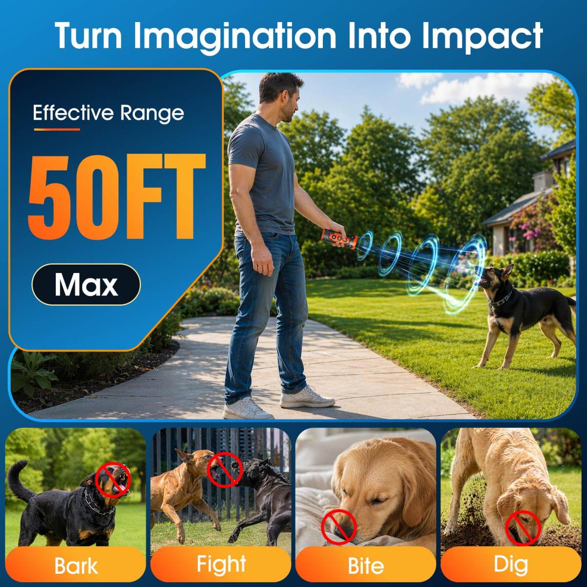 Dog Bark Deterrent Devices, 1-Touch Anti-Barking Device For Dogs With 3 Ultrasonic Heads, 50ft Range, Rechargeable & Safe Dog Training Tool With Flashlight, Helps Improve Behavior