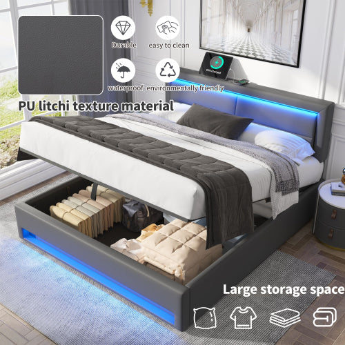 Upholstered Bed 135 X 190 Cm,Double Bed-4ft6,with USB Port Supports Wireless And Wired Charging, With LED Lighting And Storage Space, Without Mattress, PU-Lychee Design, Gray