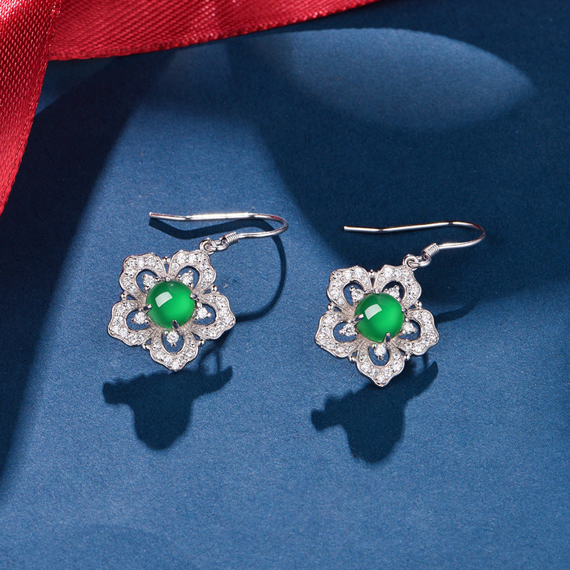 S925 Sterling Silver Flower Dangle Earrings, 6mm Round Green Chrysoprase, Platinum Plated Elegant Women's Jewelry With Gift Box
