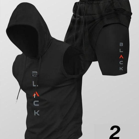 Running Fitness Printed Hooded Sleeveless Tank Top And Shorts Set