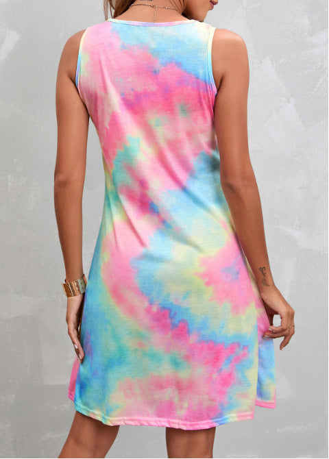 Beauty Clothing Sleeveless Round Neck Pleated Tie-dye Print Dress