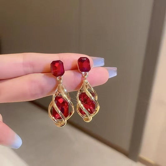 Women's Luxury Emerald Geometric Teardrop Earrings With Inlaid Diamonds, Retro Fashion Personal Dangle Studs, Versatile Elegant Light Luxury Ear Jewelry