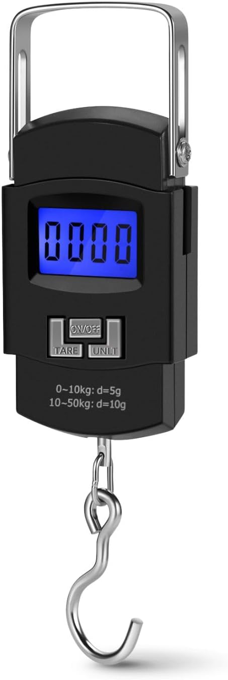 Digital Hanging Scale 110lb 50kg Portable Luggage Fish Scale With Tare, Backlit LCD, Steel Hook, Tape, Multi Unit Kg Lb Oz Jin, Batteries Included. Great For Travel, Fishing, Home, Farm, Hunting