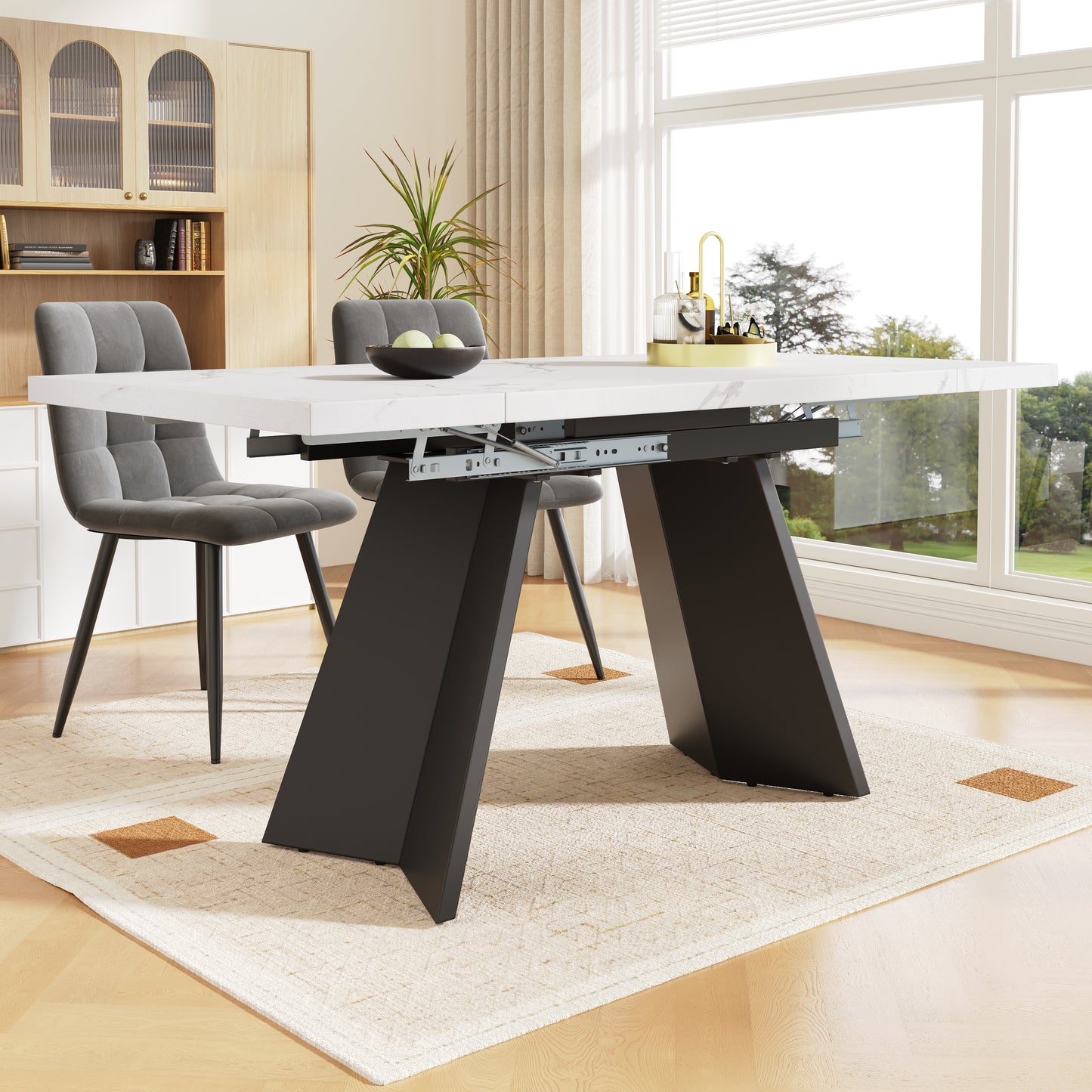 Telescopic Dining Table  99-159X74cm , Extendable Dining Table, Space-Saving Kitchen Table, Wide Work Surface, Flexible Design, For Home Office And Living Room, White Table Top With Flat Table Legs