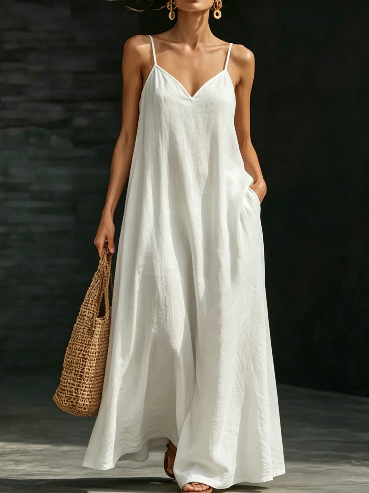 Summer V-Neck Spaghetti Strap Flowy Maxi Dress - Casual Fashion Solid Color Long Dress For Women Vaction Dress