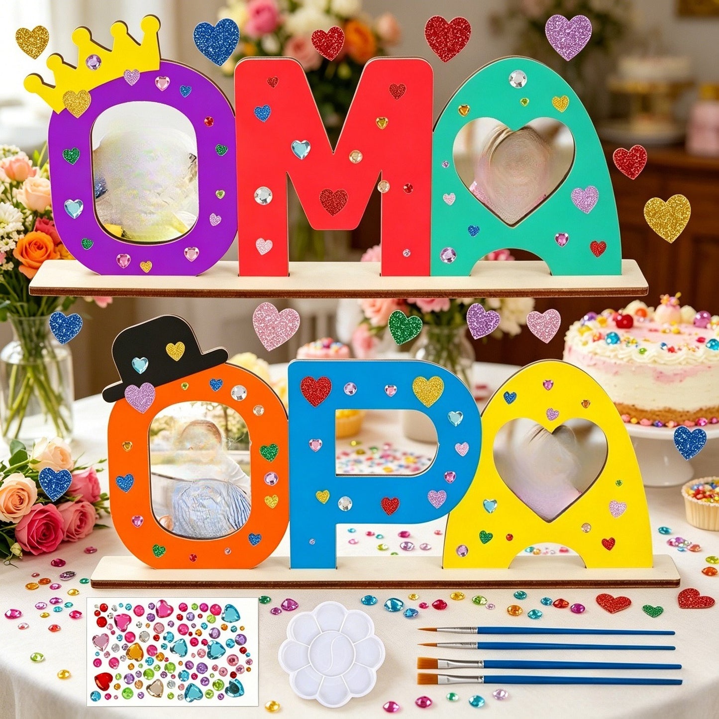 24-piece DIY Wooden Sign Gift Set With “OMA OPA” Lettering, 20 Glitter Hearts, Paintbrushes, And Craft Supplies—Party Accessories Set