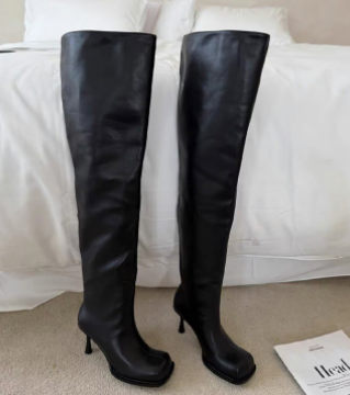 Women Ruched Platform Knee High Boots, Square Toe Stiletto Heel Fold Over Leather Fashion Boots