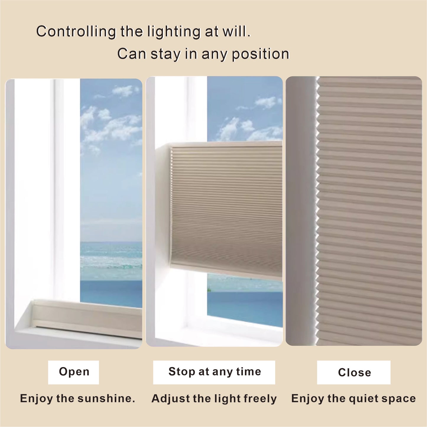 Raised Flag Day-Night Shade With Remote Control And Solar Panel-Full Blackout Motorized Shades For Home And Office-Cordless Organ Shade-Cordless Cellular Shade-Khaki