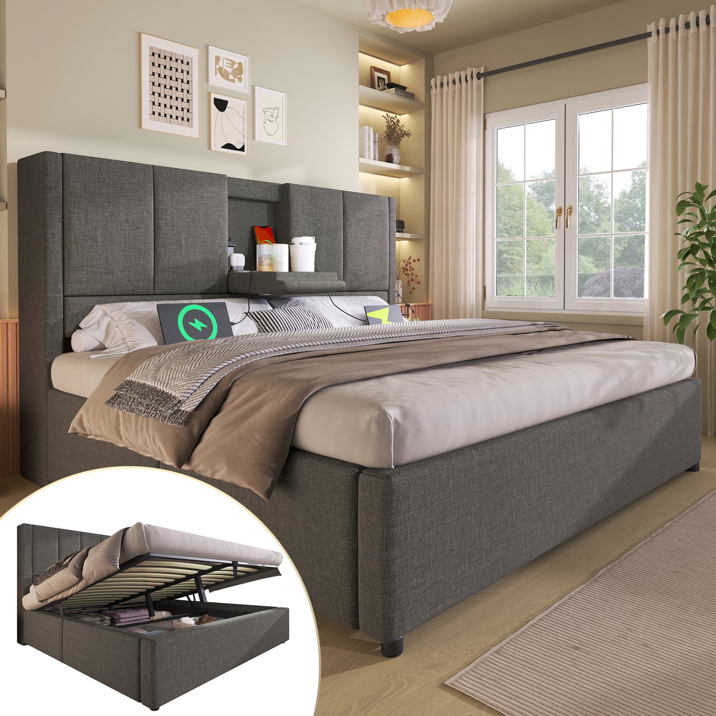 Upholstered Bed 140x200 Cm, Double Bed With Hidden Cup Holder & Charging Station, Hydraulic Bed With Storage Space Under The Bed, Incl. Slatted Frame, Linen Grey  Without Mattress