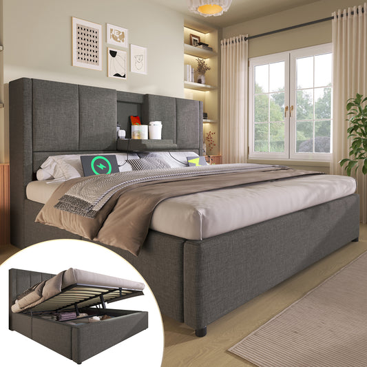 Upholstered Bed 140x200 Cm, Double Bed With Hidden Cup Holder & Charging Station, Hydraulic Bed With Storage Space Under The Bed, Incl. Slatted Frame, Linen Grey  Without Mattress
